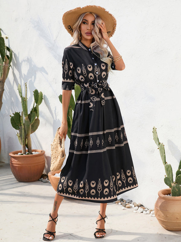 Levoire | Femme Ethno Imprimé Mi-Long Robe Midi Noir