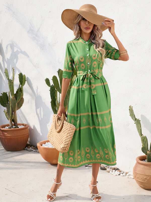 Levoire | Femme Ethno Imprimé Mi-Long Robe Midi Vert