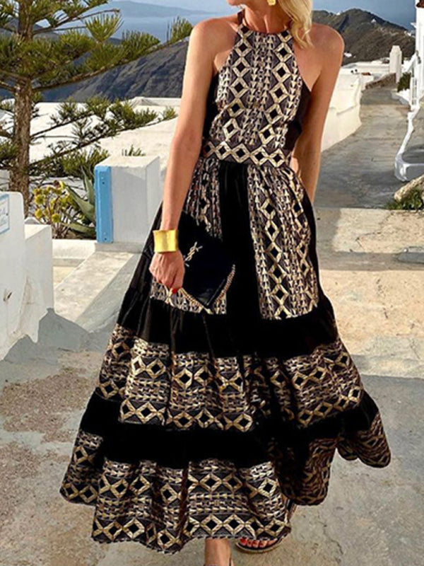 Levoire | Femme Bohème Ethnique Imprimé Robe Halskjole Noir