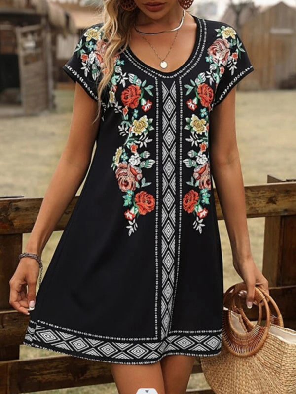 Levoire | Femme Vintage Motif Floral Manches Courtes Robe Décontractée Noir