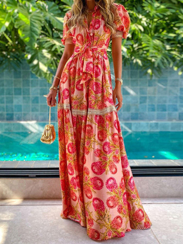 Levoire | Femmes Bohemian Motif Fleurs Midi Robe Orange