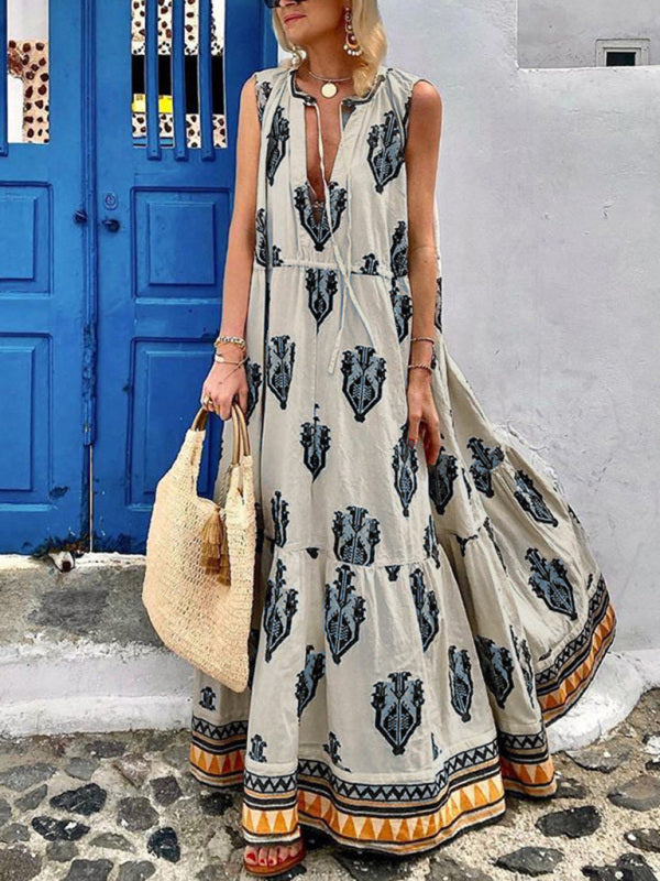 Levoire | Femme Sans Manches Midi Bohème Imprimé Robe Cracker kaki