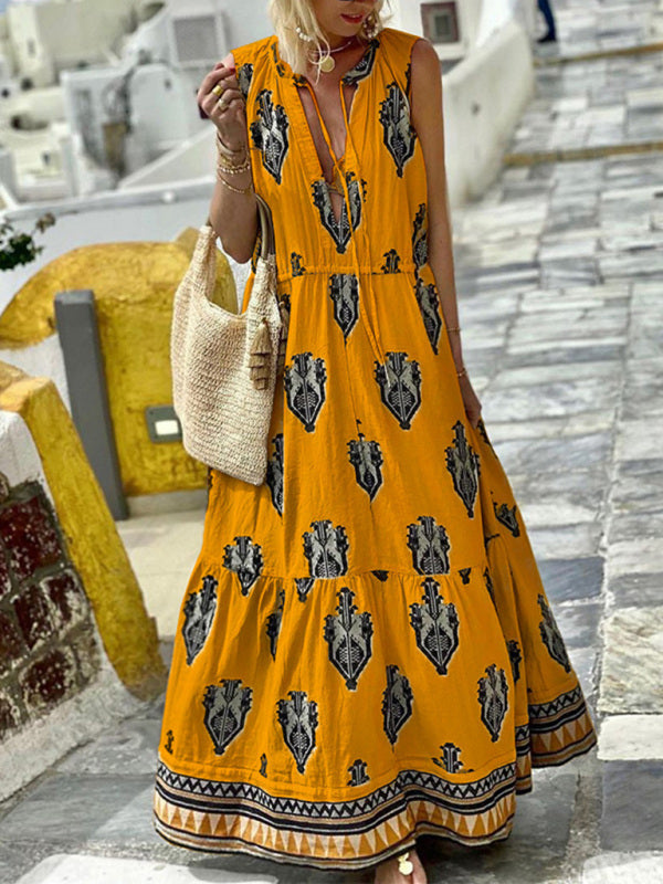 Levoire | Femme Sans Manches Midi Bohème Imprimé Robe Jaune