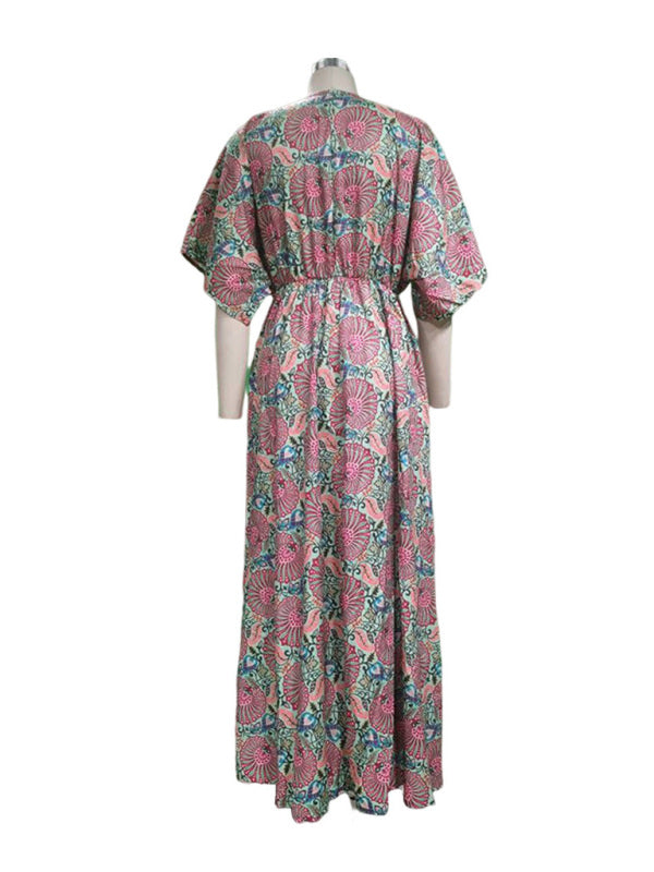 Levoire | Femme V col robe midi imprimé à manches courtes loose bohème