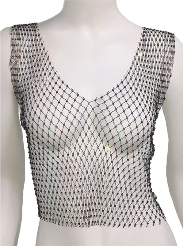 Levoire | Sexy Nightclub Fishnet High Strass Vest Net Brillant Diamond Sling Jacket Noir UNE TAILLE