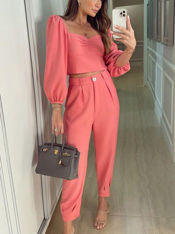 Levoire | Femmes OL Tempérament uni haut col carré pantalon réglable en hauteur ensemble deux pièces Rosa
