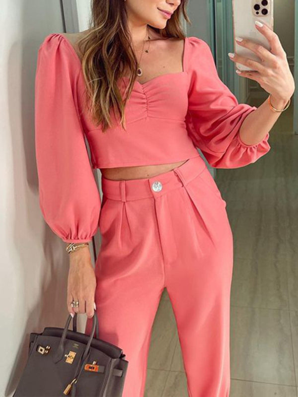 Levoire | Femmes OL Tempérament uni haut col carré pantalon réglable en hauteur ensemble deux pièces