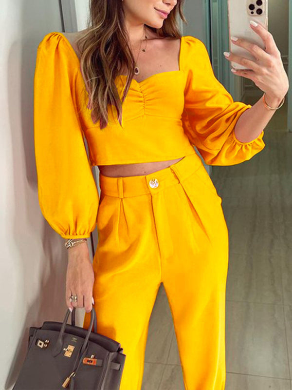Levoire | Femmes OL Tempérament uni haut col carré pantalon réglable en hauteur ensemble deux pièces Jaune