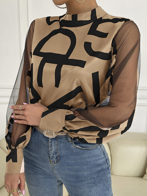 Levoire | Femme top à manches longues col rond en mesh à motifs géométriques Khaki