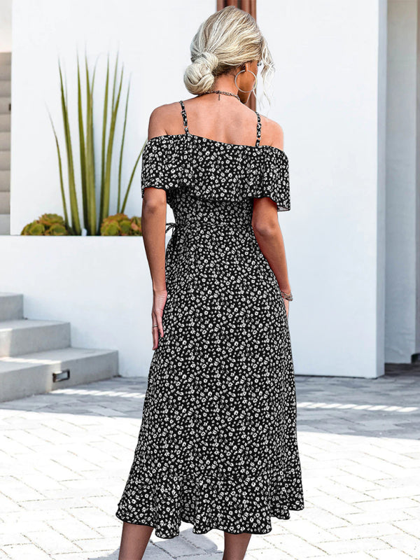 Levoire | Femmes tissées à motifs floraux unilatéraux robe à bretelles longueur midi irrégulière vêtements