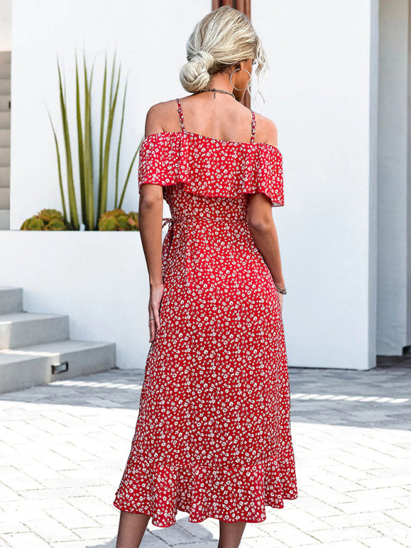 Levoire | Femmes tissées à motifs floraux unilatéraux robe à bretelles longueur midi irrégulière vêtements