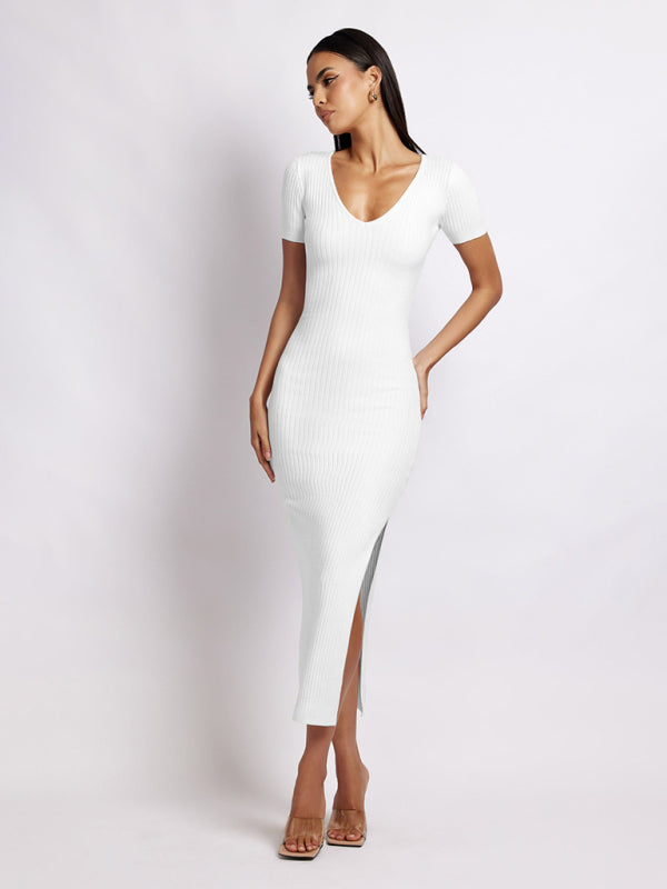 Levoire | Femme Tricot V col exprès Fendue Manches courtes Robe midi
