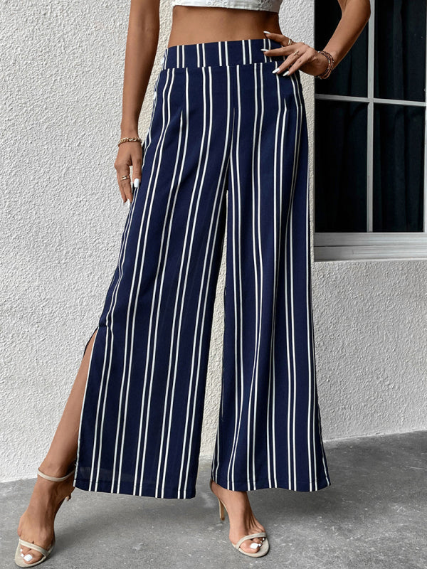 Levoire | Femme rayé style pendule fente taille haute pantalons larges Pourpre bleu marine