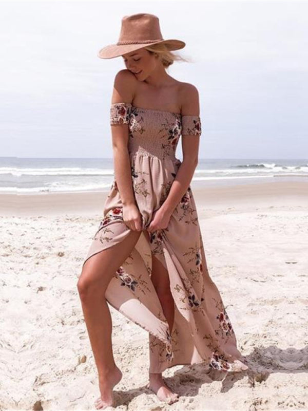 Levoire | Femme imprimé unilatéral sans bretelles robe en chiffon fendue Kaki