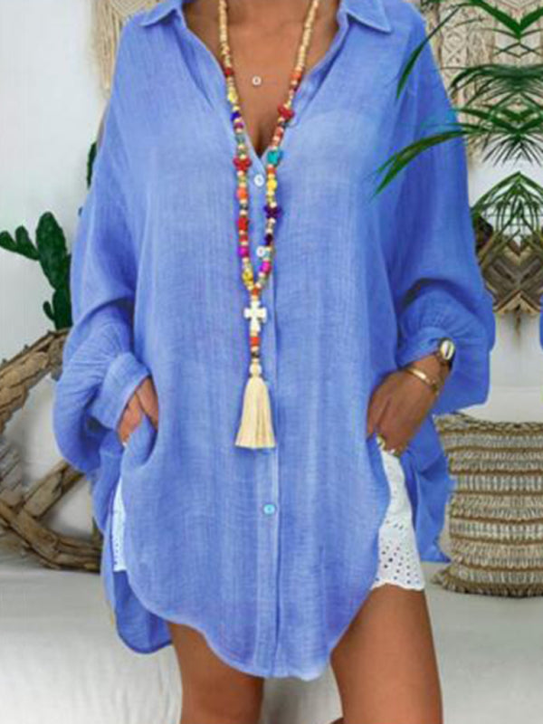 Levoire | Chemise en coton-lin grande taille pour femmes Boutons Décontractée Manches longues Chemise de loisirs pour femmes Hauts Bleu