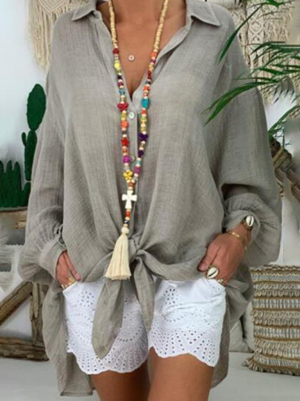 Levoire | Chemise en coton-lin grande taille pour femmes Boutons Décontractée Manches longues Chemise de loisirs pour femmes Hauts Gris