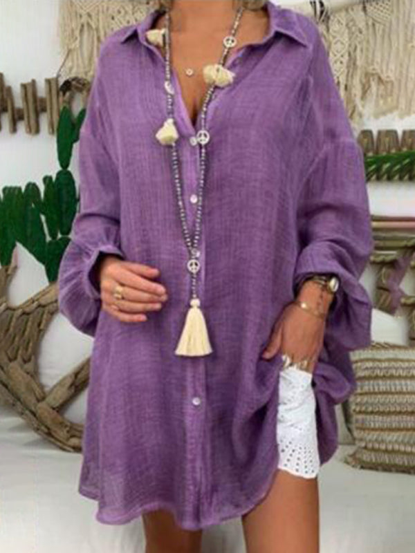 Levoire | Chemise en coton-lin grande taille pour femmes Boutons Décontractée Manches longues Chemise de loisirs pour femmes Hauts Violet