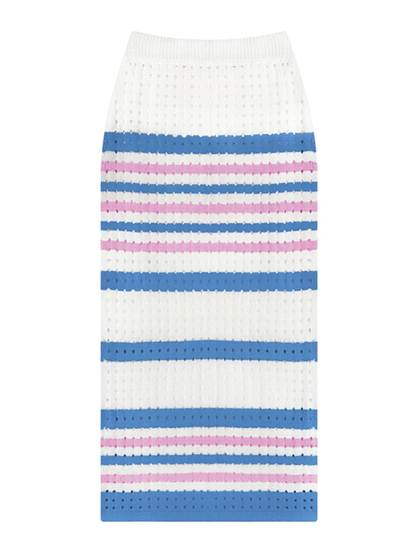 Levoire | Femme Rayé Trou Court Gilet + Fente Jupe Longue Ensemble Deux Pièces