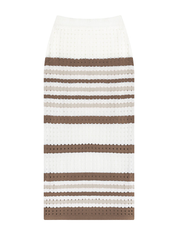 Levoire | Femme Rayé Trou Court Gilet + Fente Jupe Longue Ensemble Deux Pièces