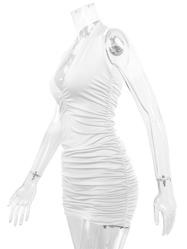 Levoire | Femme Décolleté en V Col Halter Dos Découpé Sexy Plissé Robe Mini