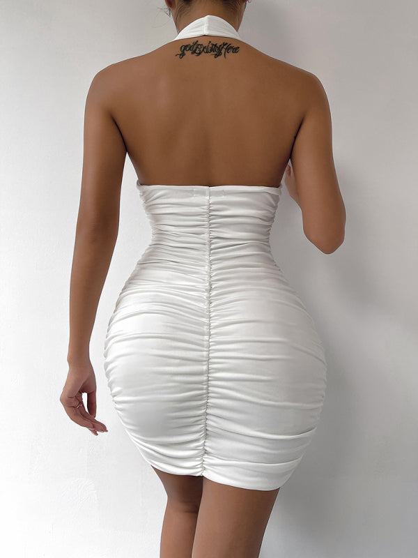 Levoire | Femme Décolleté en V Col Halter Dos Découpé Sexy Plissé Robe Mini