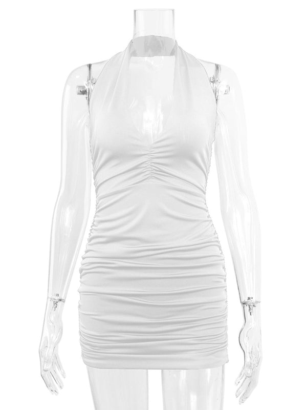 Levoire | Femme Décolleté en V Col Halter Dos Découpé Sexy Plissé Robe Mini