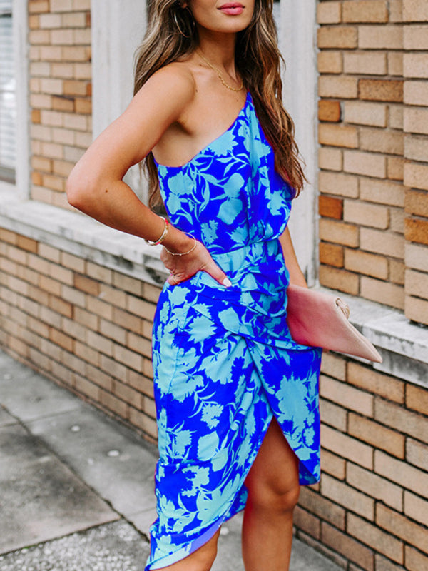 Levoire | Femme Col En Biais Off-Shoulder Chiffon Imprimé Robe Bleu
