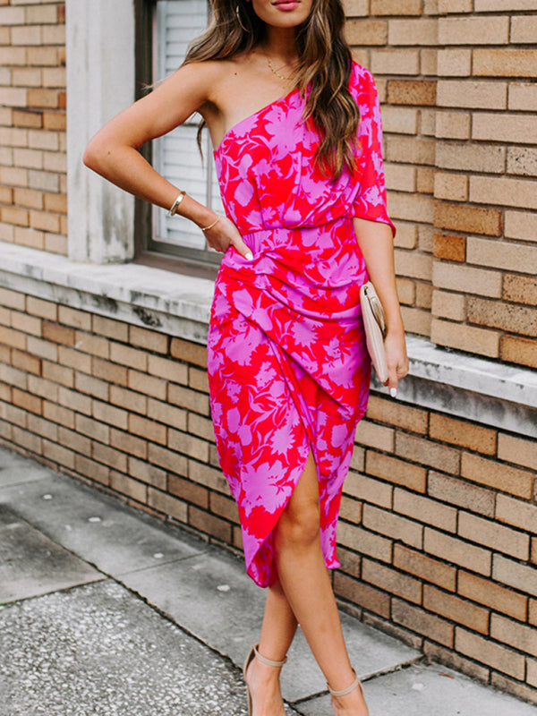 Levoire | Femme Col En Biais Off-Shoulder Chiffon Imprimé Robe Rosa