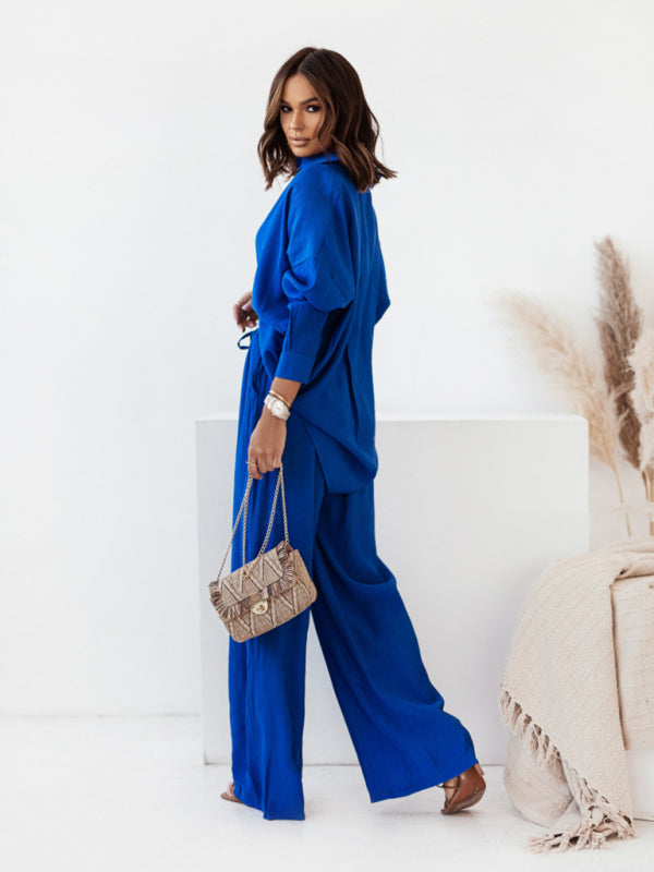 Levoire | Femme loose unicolore chemise à manches longues pantalon décontracté ensemble deux pièces Bleu