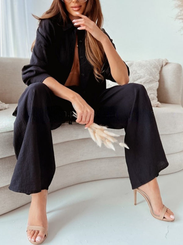 Levoire | Femme loose unicolore chemise à manches longues pantalon décontracté ensemble deux pièces Noir