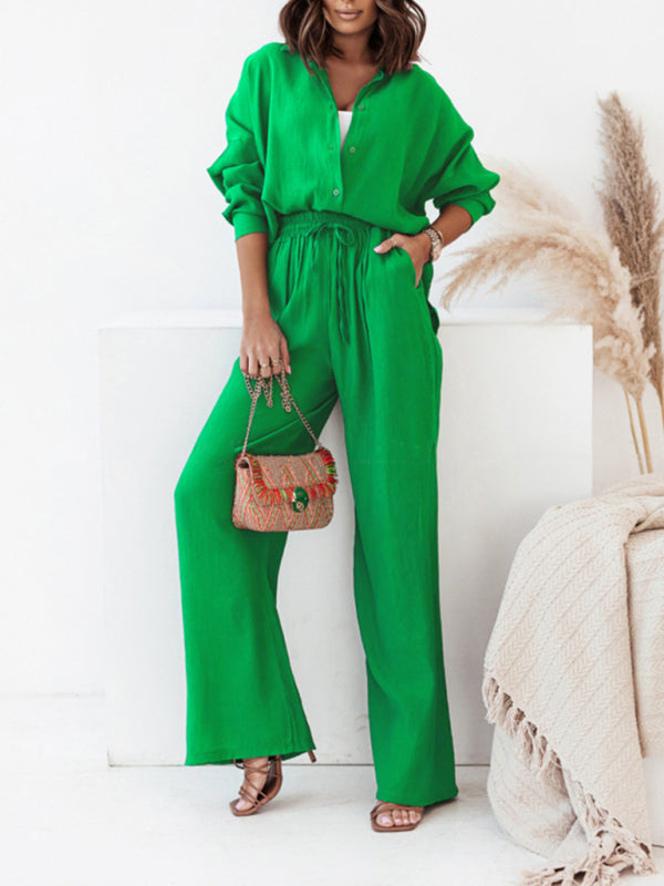 Levoire | Femme loose unicolore chemise à manches longues pantalon décontracté ensemble deux pièces Vert
