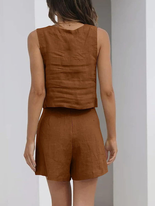 Levoire | Pour femmes Incolore Décontracté Coton Lin Sans bretelles Top à décolleté carré + Short Ensemble deux pièces