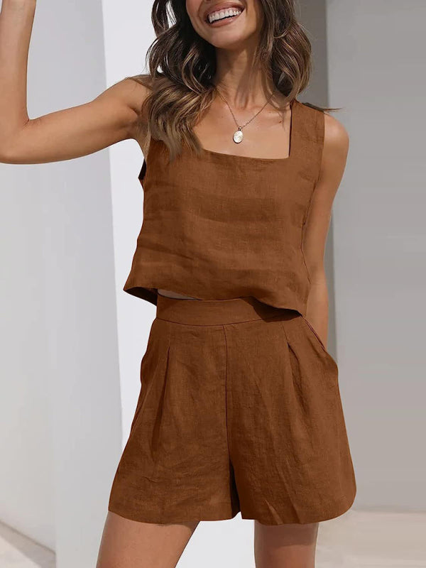 Levoire | Pour femmes Incolore Décontracté Coton Lin Sans bretelles Top à décolleté carré + Short Ensemble deux pièces Café L