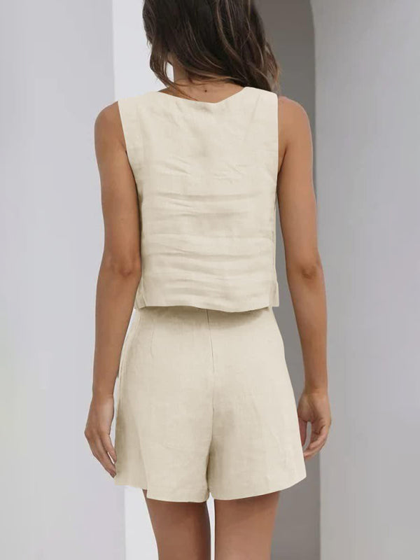 Levoire | Pour femmes Incolore Décontracté Coton Lin Sans bretelles Top à décolleté carré + Short Ensemble deux pièces