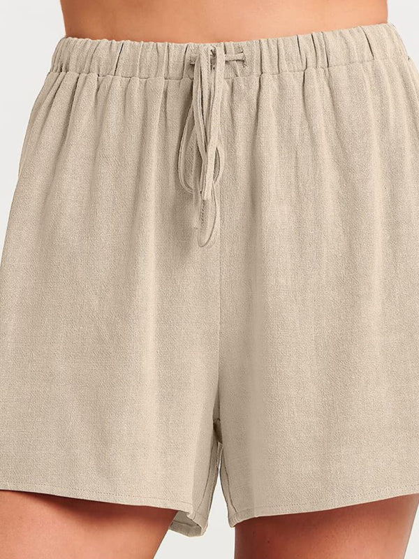 Levoire | Femmes tissées en une couleur sans manches décontracté coton-lin haut short ensemble deux pièces