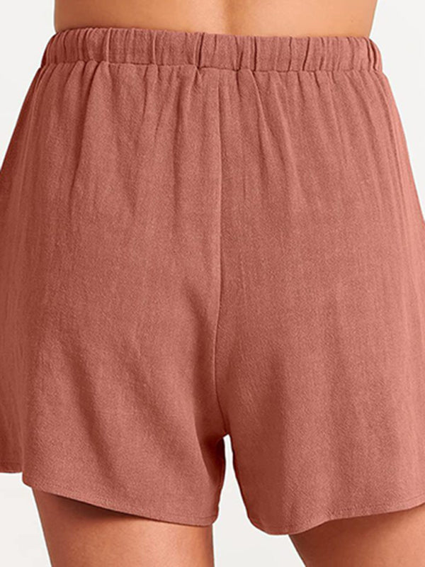 Levoire | Femmes tissées en une couleur sans manches décontracté coton-lin haut short ensemble deux pièces