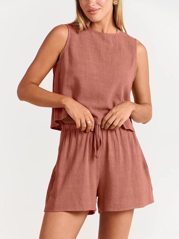 Levoire | Femmes tissées en une couleur sans manches décontracté coton-lin haut short ensemble deux pièces Takröd