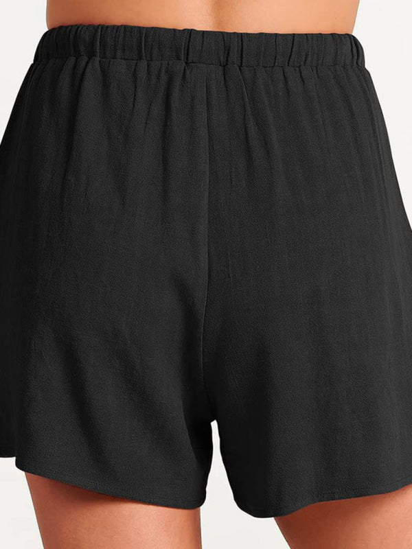 Levoire | Femmes tissées en une couleur sans manches décontracté coton-lin haut short ensemble deux pièces