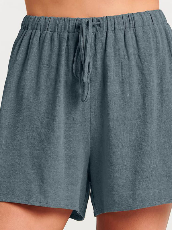 Levoire | Femmes tissées en une couleur sans manches décontracté coton-lin haut short ensemble deux pièces