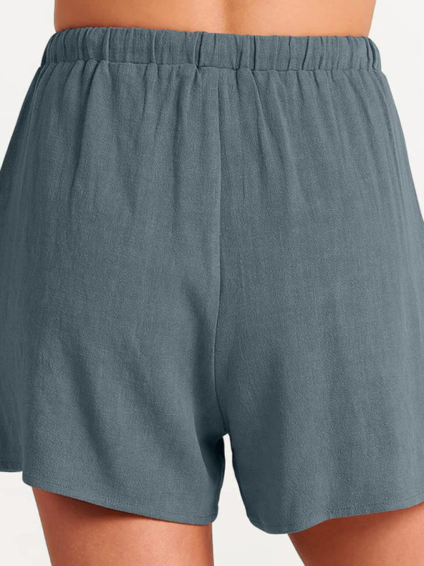 Levoire | Femmes tissées en une couleur sans manches décontracté coton-lin haut short ensemble deux pièces