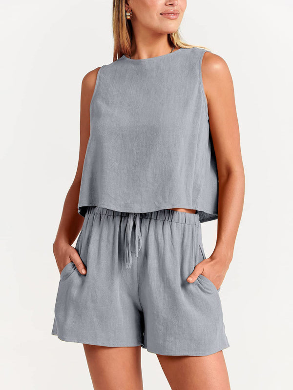 Levoire | Femmes tissées en une couleur sans manches décontracté coton-lin haut short ensemble deux pièces Gris