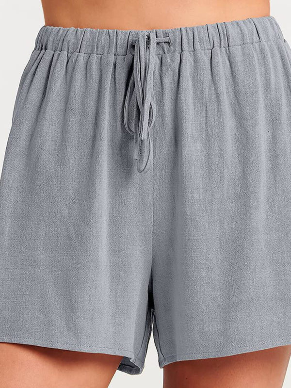 Levoire | Femmes tissées en une couleur sans manches décontracté coton-lin haut short ensemble deux pièces