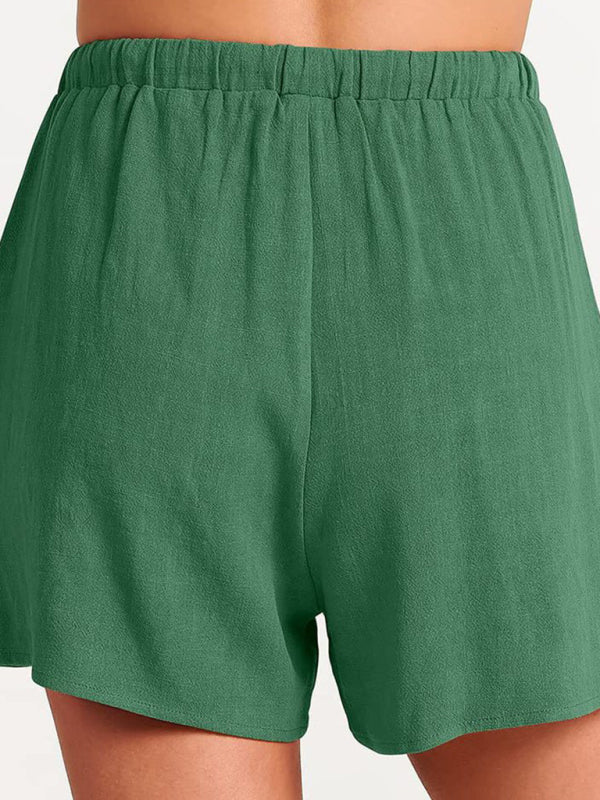 Levoire | Femmes tissées en une couleur sans manches décontracté coton-lin haut short ensemble deux pièces