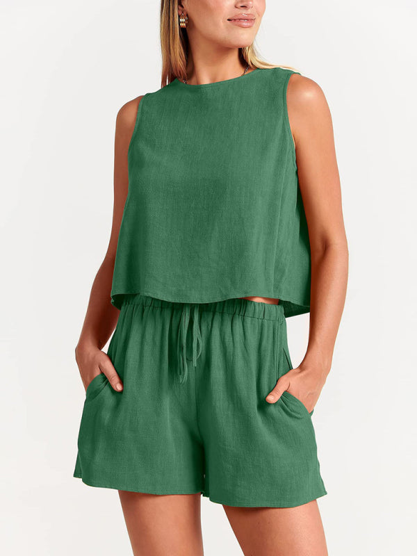 Levoire | Femmes tissées en une couleur sans manches décontracté coton-lin haut short ensemble deux pièces Vert