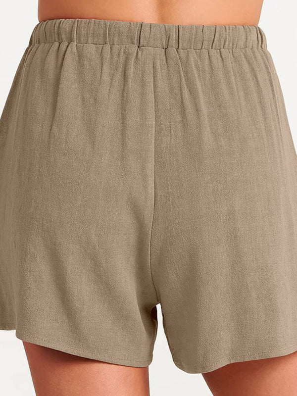 Levoire | Femmes tissées en une couleur sans manches décontracté coton-lin haut short ensemble deux pièces