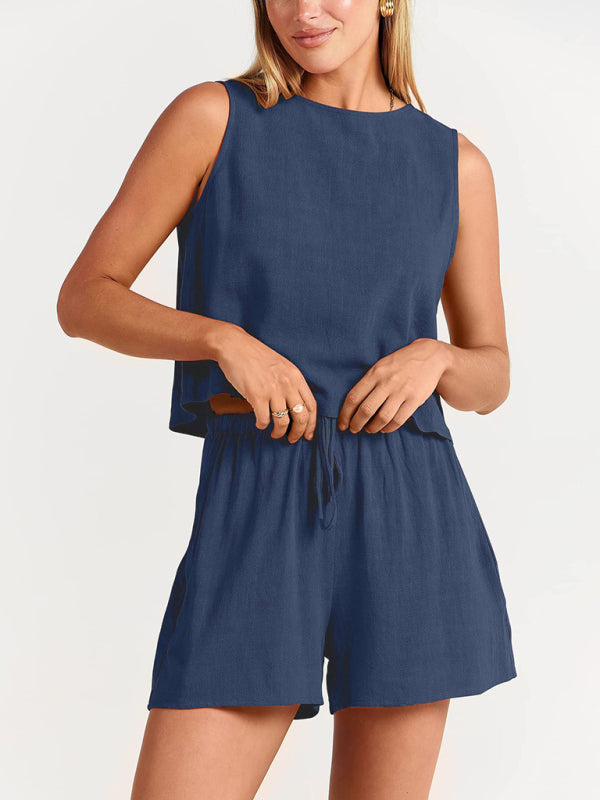 Levoire | Femmes tissées en une couleur sans manches décontracté coton-lin haut short ensemble deux pièces Champlain Couleur