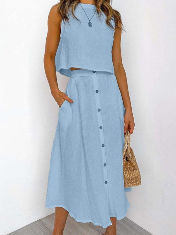 Levoire | DKV | Femmes Col rond Tank Mi-long Poitrine Deux pièces Robe Bleu