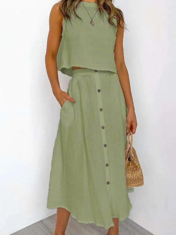 Levoire | DKV | Femmes Col rond Tank Mi-long Poitrine Deux pièces Robe Vert