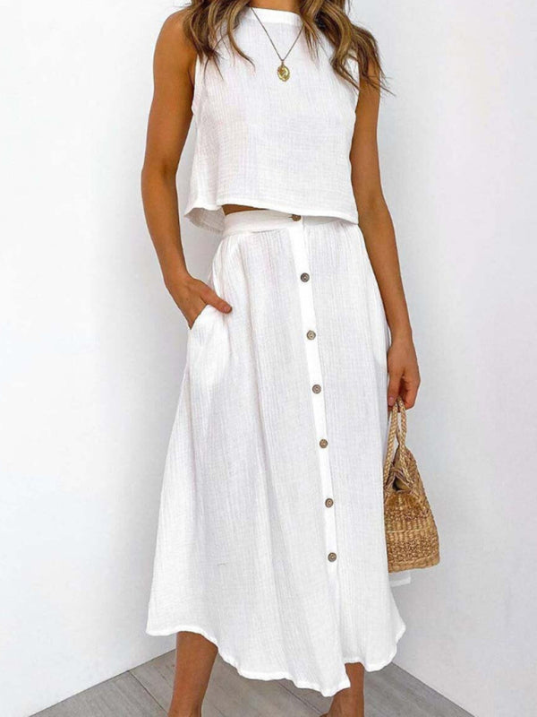 Levoire | DKV | Femmes Col rond Tank Mi-long Poitrine Deux pièces Robe Blanc