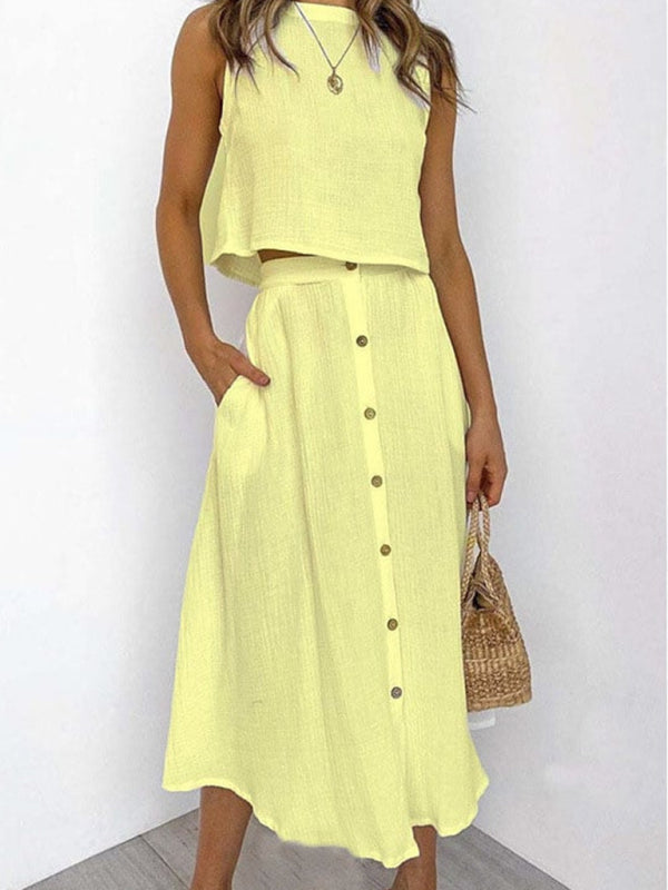Levoire | DKV | Femmes Col rond Tank Mi-long Poitrine Deux pièces Robe Jaune